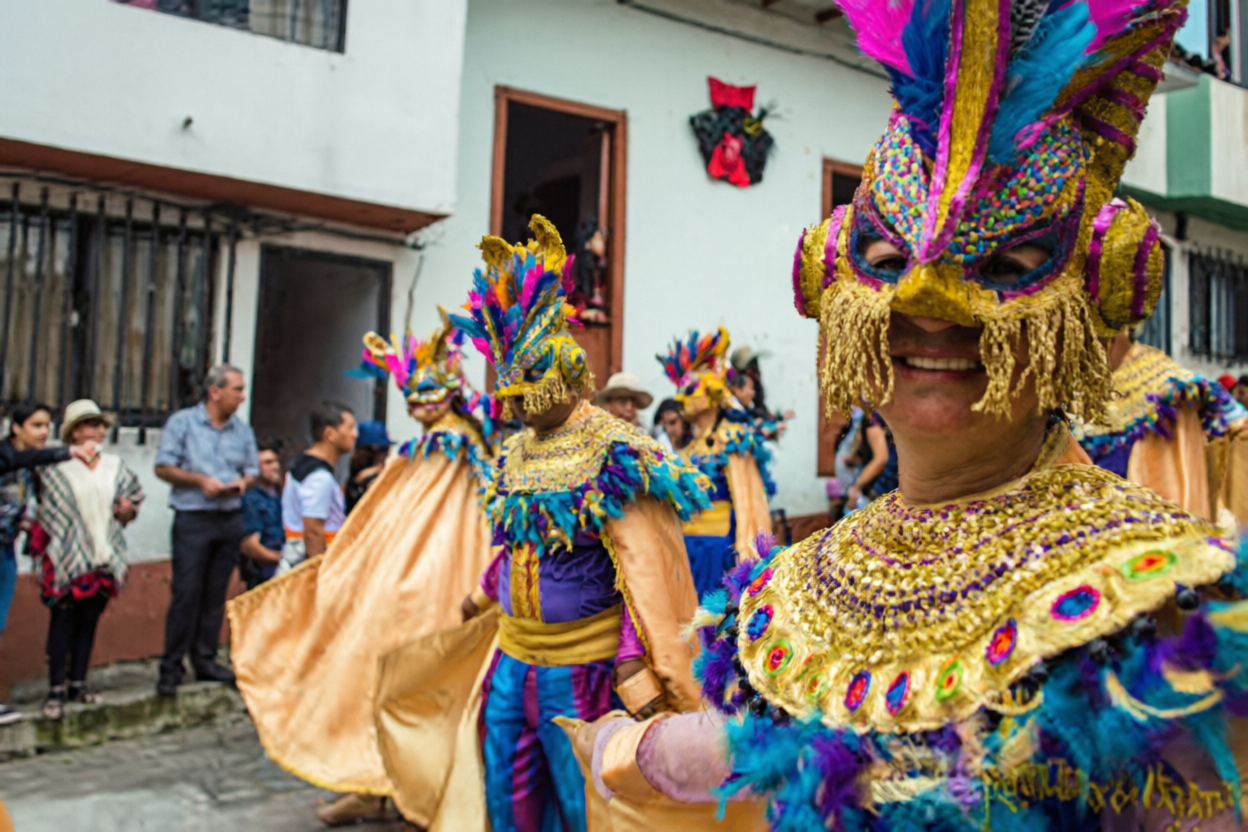 Mujer con vestido amarillo dorado y máscara roja de carnaval celebrando con los brazos levantados