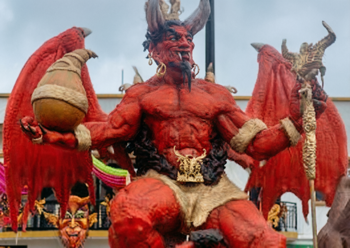 Gran estatua del diablo del carnaval de Riosucio con cuernos, alas rojas y cetro dorado durante la procesión