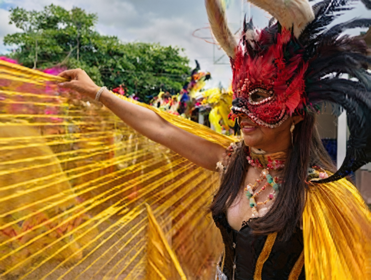 Mujer con traje multicolor púrpura y tocado de plumas del carnaval de Riosucio