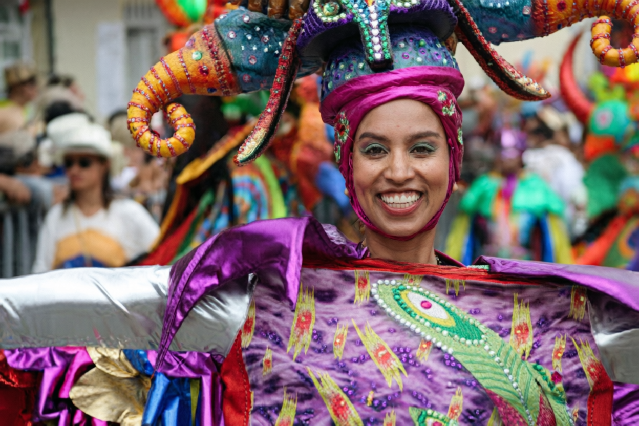 Póster del Carnaval de Riosucio con máscara de diablo colorida y confeti